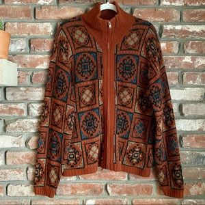 Vintage Knit Bomber Jacket Zip Geometric Patterned
